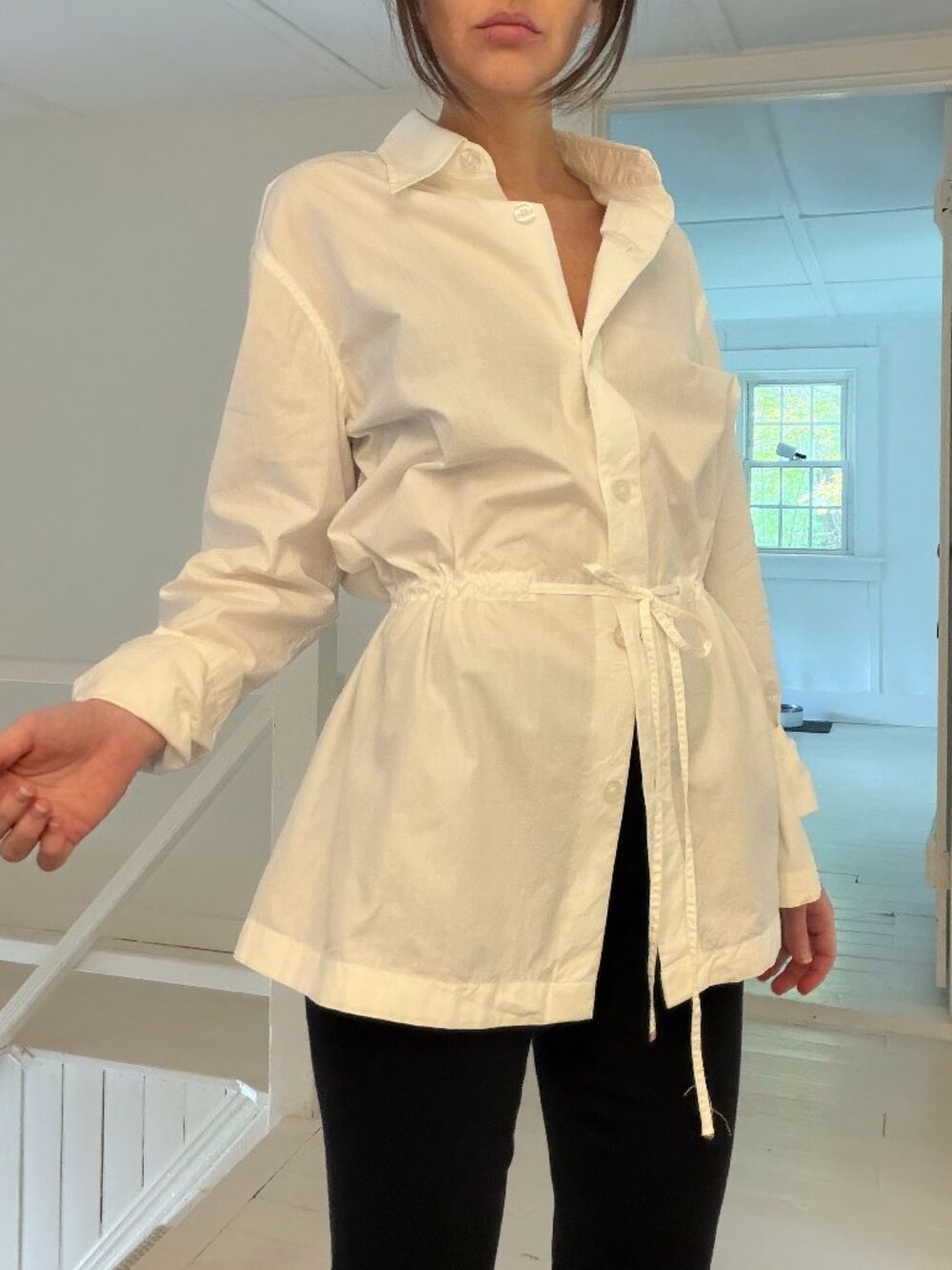Emanuel Ungaro Poplin Drawstring Waist Button Down Shirt White Size S